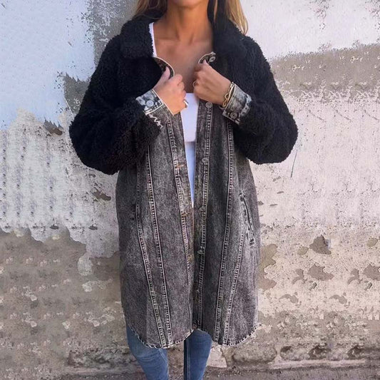 ✨Få 50% rabatt💖Kvinnors lång skjortjacka i denim med sherpa-foder