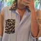 🥰 begränsat erbjudandepris 🥰 Damers lösa leopard- och randmönstrade patchwork skjortklänning