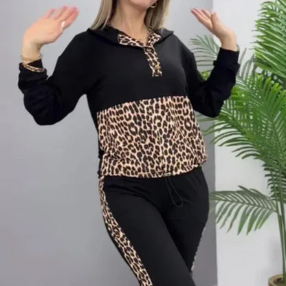 ✨Vintererbjudande💖Leopardmönstrad avslappnad patchwork sweatshirt tvådelad set